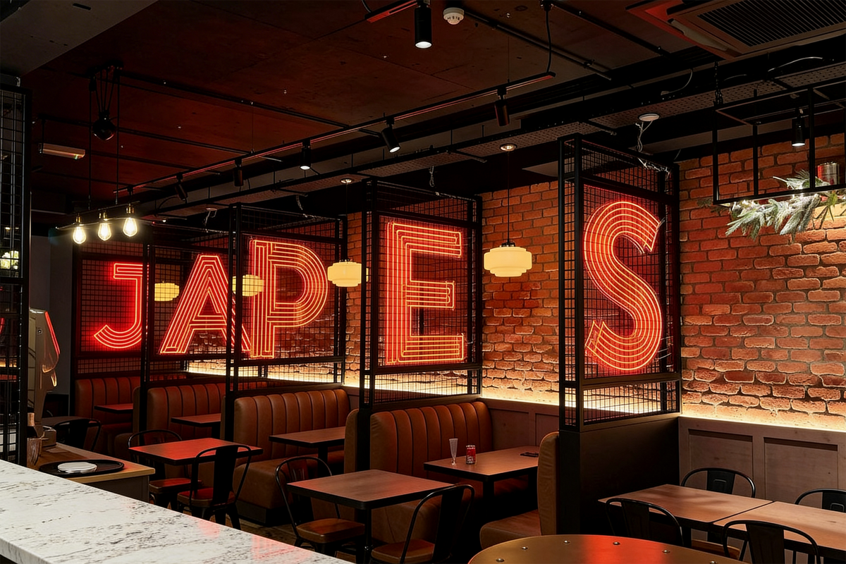 Japes St Albans dining room with leather booths and large red JAPES neon letters